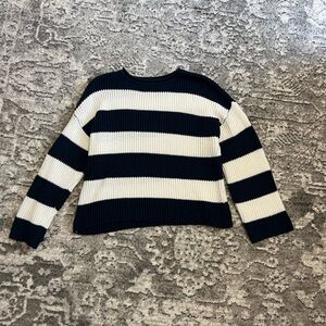 Striped Navy Blue and White Cable Knit Oversized Women's Sweater